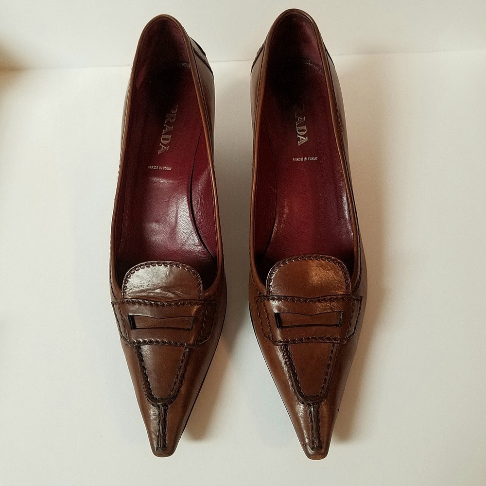 Prada Brown Leather Kitten Heel Pumps Size 10.5